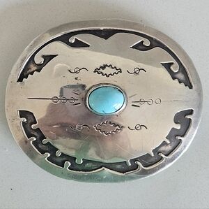 Vintage Navajo Sterling Silver Sleeping Beauty Turquoise Belt Buckel Signed Anuz